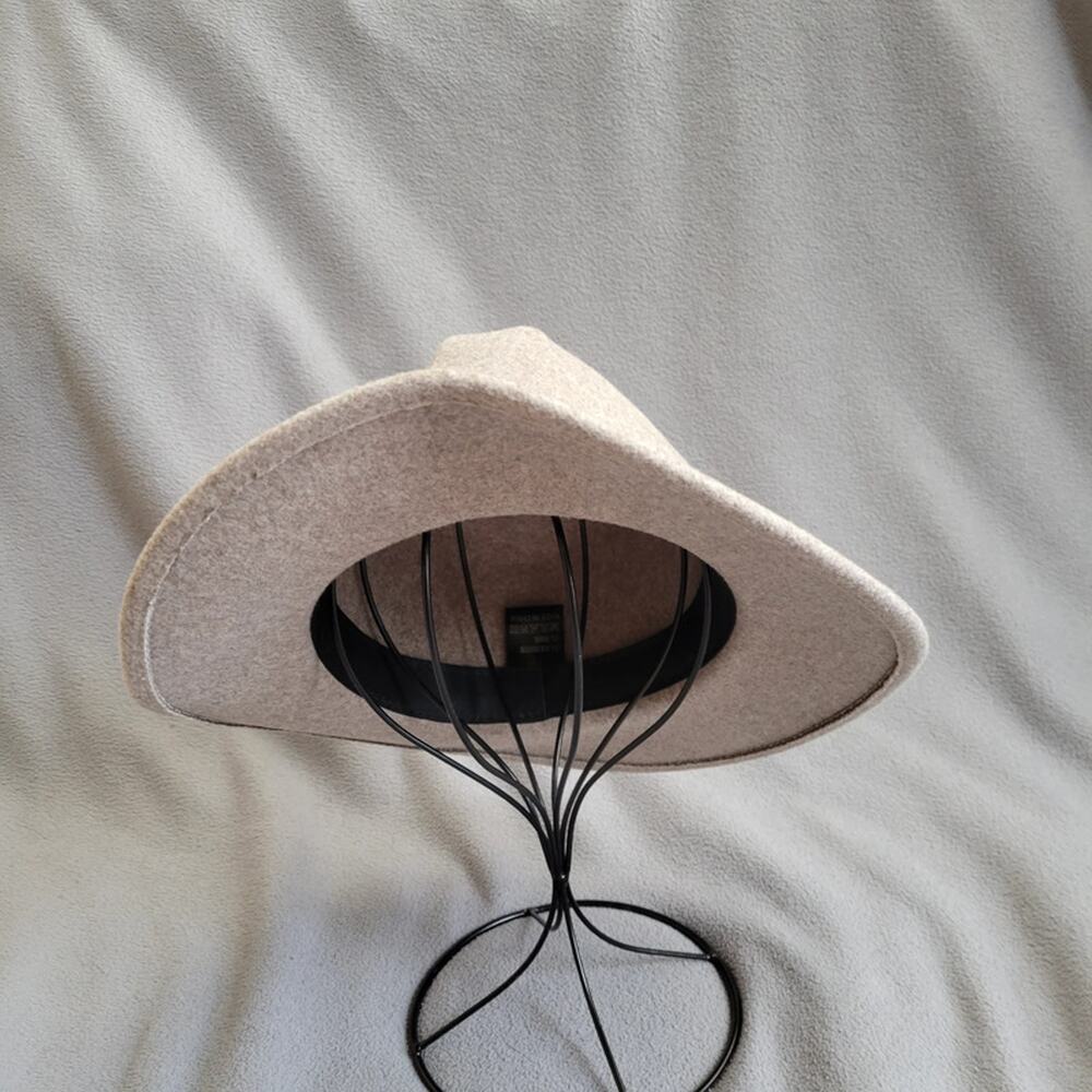 Beige Wool Blend Fedora Hat Thin Strap Classic Style Project Hat Asymetric - Picture 2 of 13